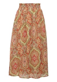 Jupe maxi présentant un motif paisley complexe dans des tons chauds d'orange, de vert et de rose, avec une taille élastique froncée.
