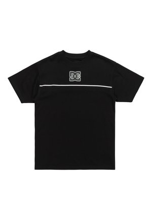 Schwarzes T-Shirt mit kurzen Ärmeln aus Baumwolle, mit einem weißen horizontalen Streifen und einem DC-Logo auf der Brust. Weiche Textur, normale Passform.
