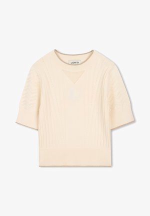 Beige knitted short-sleeve sweater with a ribbed texture, featuring geometric patterns and an embossed "L" logo on the front.