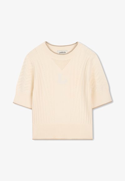 Μπεζ πλεκτό πουλόβερ κοντομάνικο με ριμπ υφή, που διαθέτει γεωμετρικά σχέδια και ανάγλυφο λογότυπο "L" στο μπροστινό μέρος.