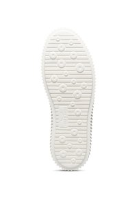 White shoe sole with circular and horizontal line tread patterns and a rectangular logo area in the center.