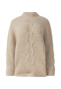 Beżowy sweter z dzianiny z wysokim dekoltem, ozdobiony wzorem w warkocze na środku, z prążkowanym wykończeniem i luźnym krojem.