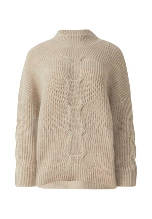 Maglione beige a maglia con collo alto, caratterizzato da un motivo a treccia al centro, orlo a coste e vestibilità rilassata.