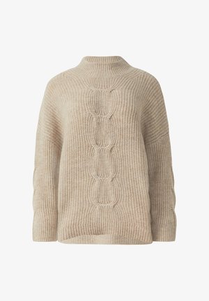 Beżowy sweter z dzianiny z wysokim dekoltem, ozdobiony wzorem w warkocze na środku, z prążkowanym wykończeniem i luźnym krojem.