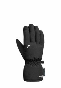 Sort isoleret vinterhandske med elastisk håndled, hvidt logo og lille stofmærke på siden, vist fra bagsiden med fingrene strakt ud.