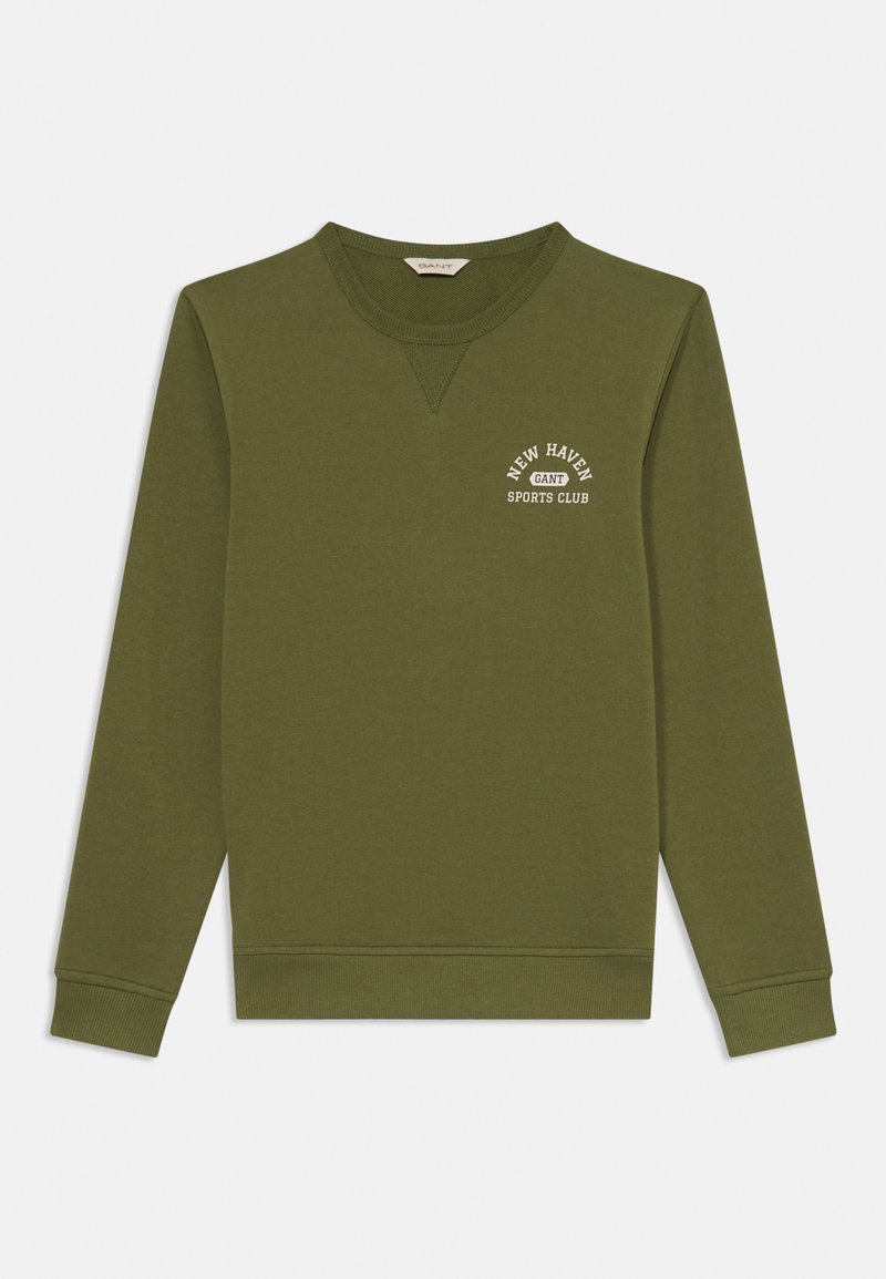 Felpa verde oliva con collo rotondo, polsini e orlo a coste. Presenta un logo stampato bianco con la scritta "NEW HAVEN GANT SPORTS CLUB."