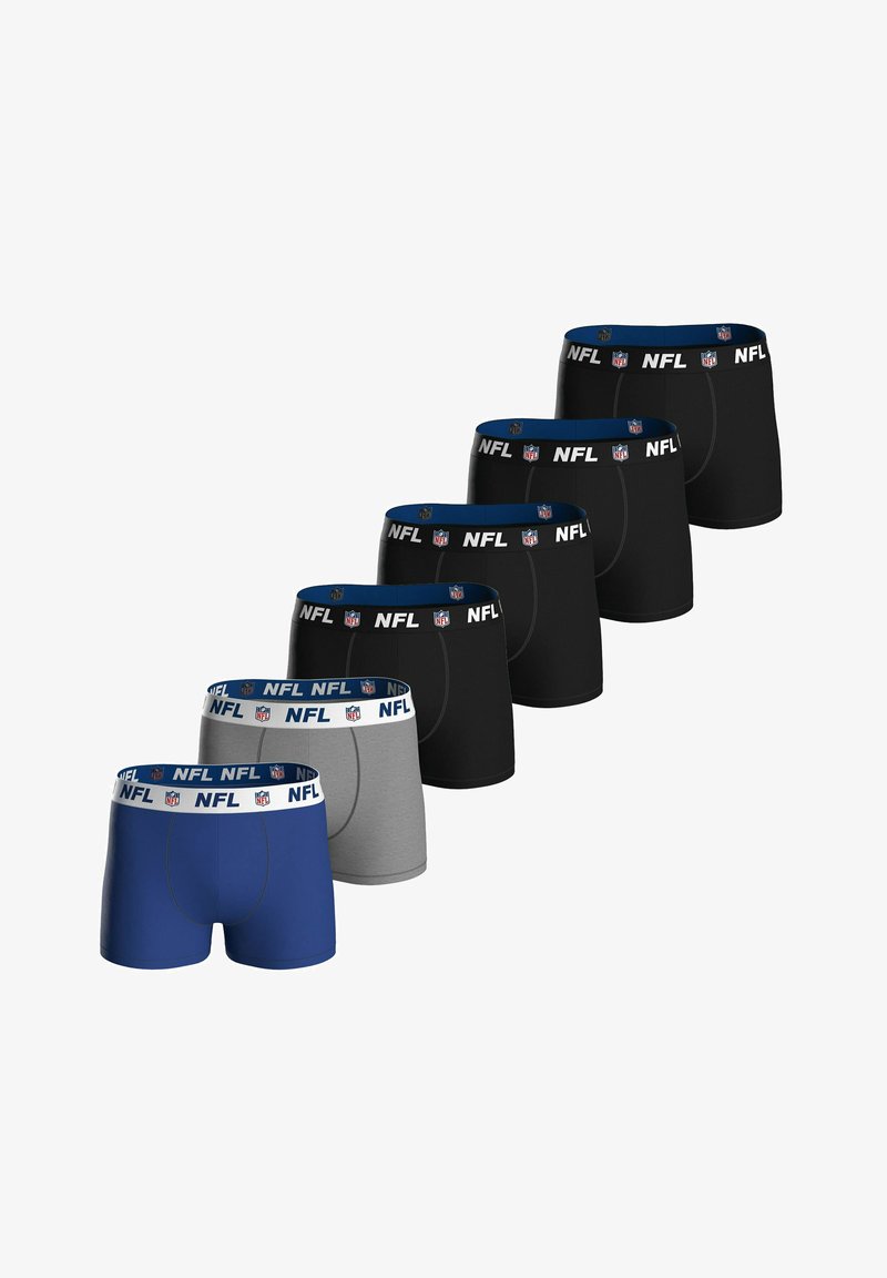 Six paires de boxers pour hommes en noir, gris et bleu, chacun avec une ceinture NFL en blanc ou noir.