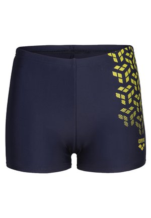 Shorts da nuoto blu navy con un motivo geometrico giallo sui lati, vita elastica e tessuto morbido e liscio per il massimo comfort.