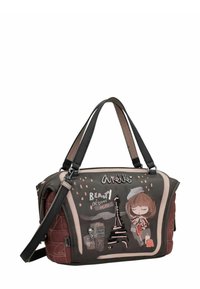 Sac à main synthétique marron avec bandoulières, orné d'une illustration parisienne ludique, d'accents métalliques et d'une fermeture éclair.