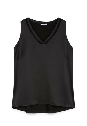 Zwarte mouwloze blouse met V-hals en kanten rand, iets langere zoom aan de achterkant, gladde stof en een ontspannen pasvorm.
