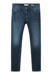 Jeans de mezclilla azul oscuro con un corte ajustado. Presentan cinco bolsillos, trabillas para cinturón y un cierre clásico de botón. Textura ligeramente descolorida.