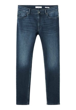 Mörkblå denimjeans med smal passform. Har fem fickor, bältesögon och en klassisk knappstängning. Lätt urtvättad textur.