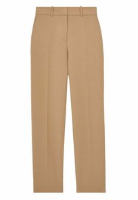 Pantaloni beige sartoriali con design a gamba dritta, chiusura frontale nascosta, passanti per cintura e pieghe stirate per un aspetto elegante.