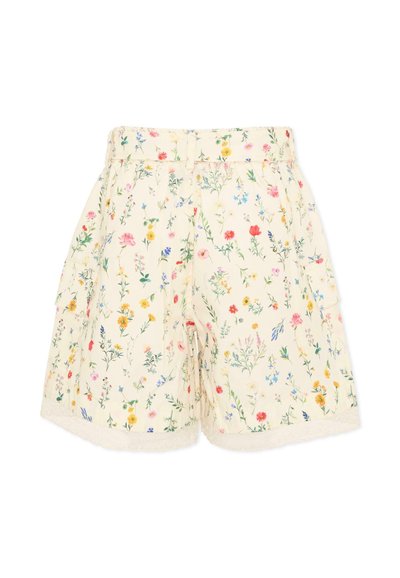 Shorts de couleur crème avec un motif floral multicolore et un bord en dentelle le long de l'ourlet, dotés d'une taille élastique et de poches sur les côtés.
