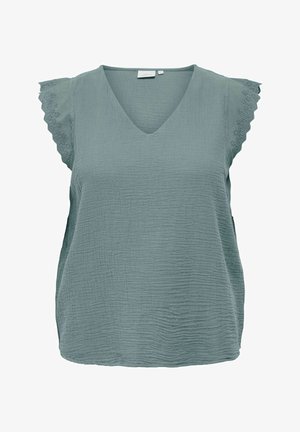 Licht petrolkleurige mouwloze blouse met V-hals en geschulpte kanten rand op de mouwen, gestructureerde stof, losse pasvorm.