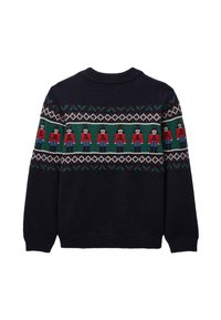 Pull en maille bleu marine avec un motif festif comprenant des personnages de casse-noisette et des motifs géométriques en rouge, vert et blanc. Col et poignets côtelés.