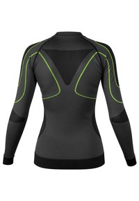 Schwarzes sportliches Langarmshirt mit grünen Akzenten, ergonomischem Design, strukturierten Einsätzen und einer körperbetonten Silhouette.