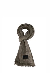 Sciarpa marrone con trama, bordi sfrangiati e un'etichetta nera con la scritta "REPLAY" in bianco. Tessuto leggero e morbido con una caduta naturale.