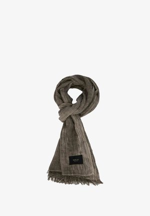 Sciarpa marrone con trama, bordi sfrangiati e un'etichetta nera con la scritta "REPLAY" in bianco. Tessuto leggero e morbido con una caduta naturale.