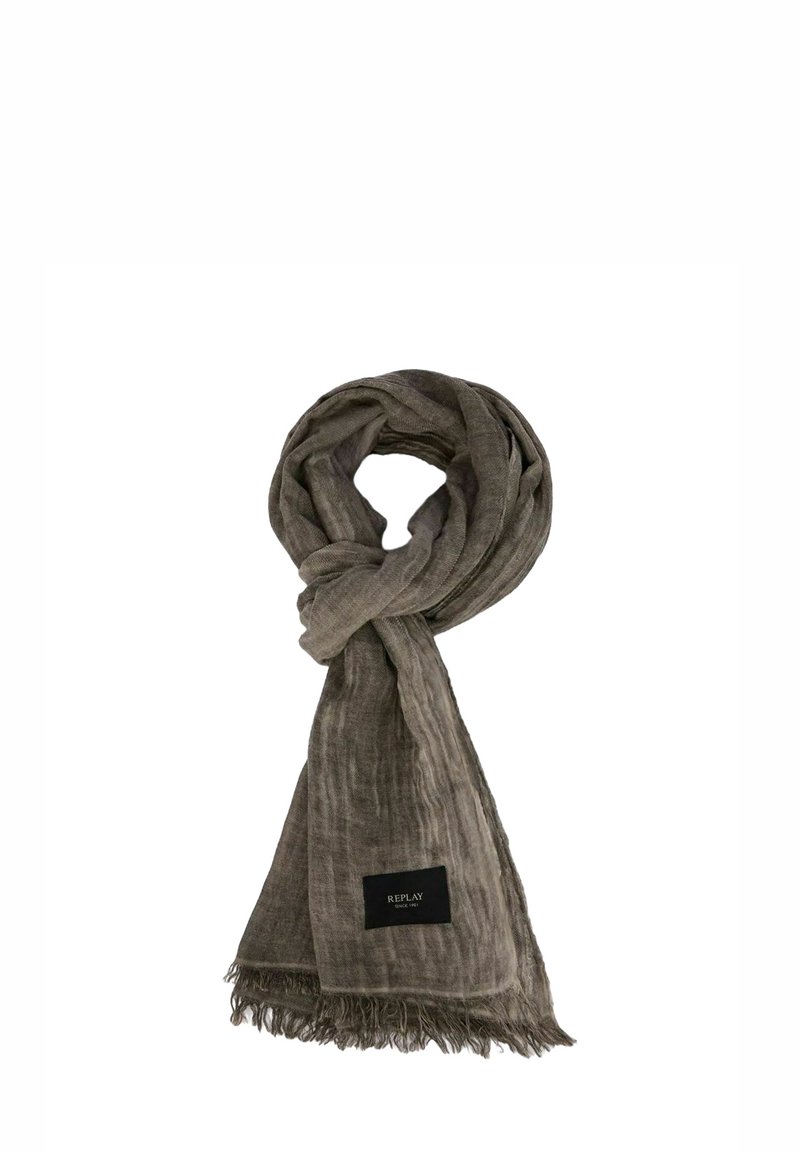 Sciarpa marrone con trama, bordi sfrangiati e un'etichetta nera con la scritta "REPLAY" in bianco. Tessuto leggero e morbido con una caduta naturale.