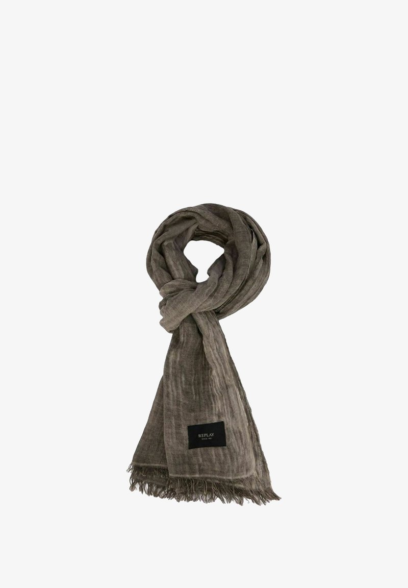 Sciarpa marrone con trama, bordi sfrangiati e un'etichetta nera con la scritta "REPLAY" in bianco. Tessuto leggero e morbido con una caduta naturale.