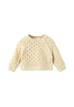 Pull bébé tricoté de couleur crème avec manches longues, petit motif ajouré et boutons sur une épaule et le côté.