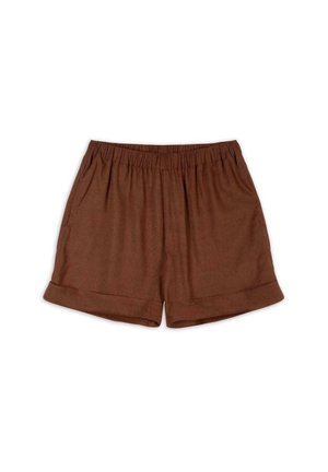 Shorts légers de couleur marron en tissu texturé, avec une taille élastique et des ourlets retroussés ; dotés de poches latérales pour plus de fonctionnalité.