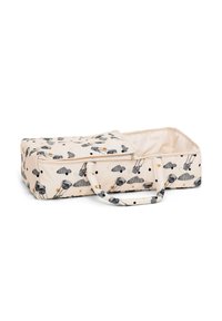 Borsa da stoccaggio rettangolare in tessuto beige chiaro con motivi di nuvole e palloncini neri e arancioni. Include una zip e una maniglia per il trasporto.