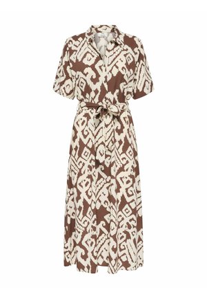 Vestido midi de patrones marrones y beige con mangas cortas, cuello, cierre de botones delantero y cinturón de lazo en la cintura.