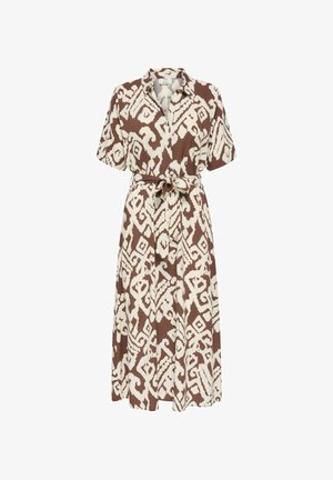 Robe midi à motifs marron et beige avec manches courtes, col, boutonnage sur le devant et ceinture nouée à la taille.