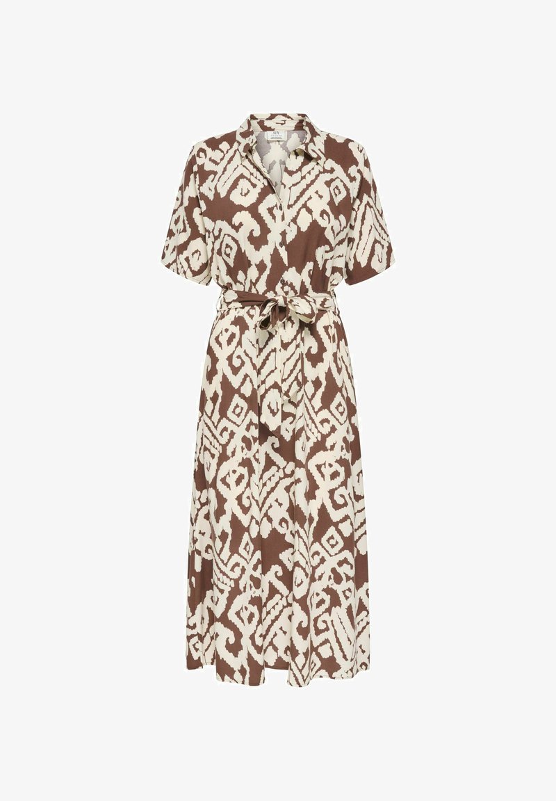 Hnedé a béžové vzorované midi šaty s krátkymi rukávmi, golierom, zapínaním na gombíky vpredu a opaskom, ktorý sa viaže v páse.
