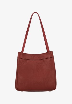 Czerwona skórzana torebka na ramię z dwoma paskami, gładką teksturą i zaokrąglonym kształtem. Charakteryzuje się delikatnym połyskiem i minimalnym przeszyciem.