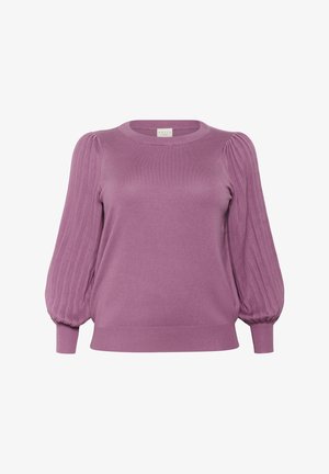 Pull en tricot violet avec des manches longues bouffantes à côtes et un col rond.