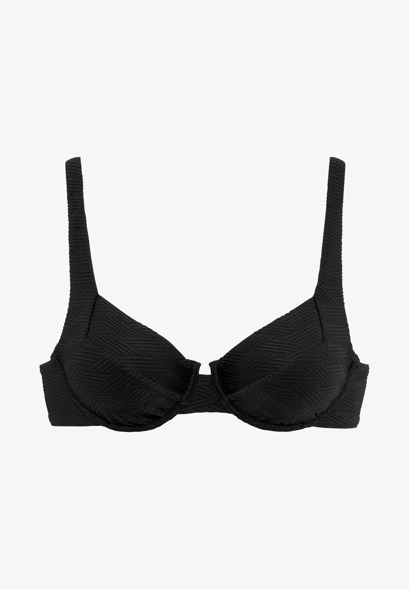 Sostén negro con tejido texturizado que presenta un patrón geométrico. Diseño con aros, con tirantes ajustables y cierre de gancho y ojo en la parte posterior.