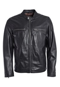 Schwarze Lederjacke mit einer glatten Textur, Stehkragen, zwei mit Reißverschluss versehenen Brusttaschen und einem karierten Stofffutter. Reißverschluss vorne.