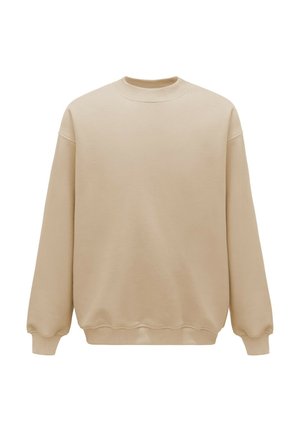 Beżowy sweter z okrągłym dekoltem, opuszczonymi ramionami i ściągaczami. Miękka tkanina i luźny krój, bez wzorów ani graficznych detali.