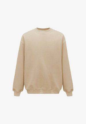 Beżowy sweter z okrągłym dekoltem, opuszczonymi ramionami i ściągaczami. Miękka tkanina i luźny krój, bez wzorów ani graficznych detali.