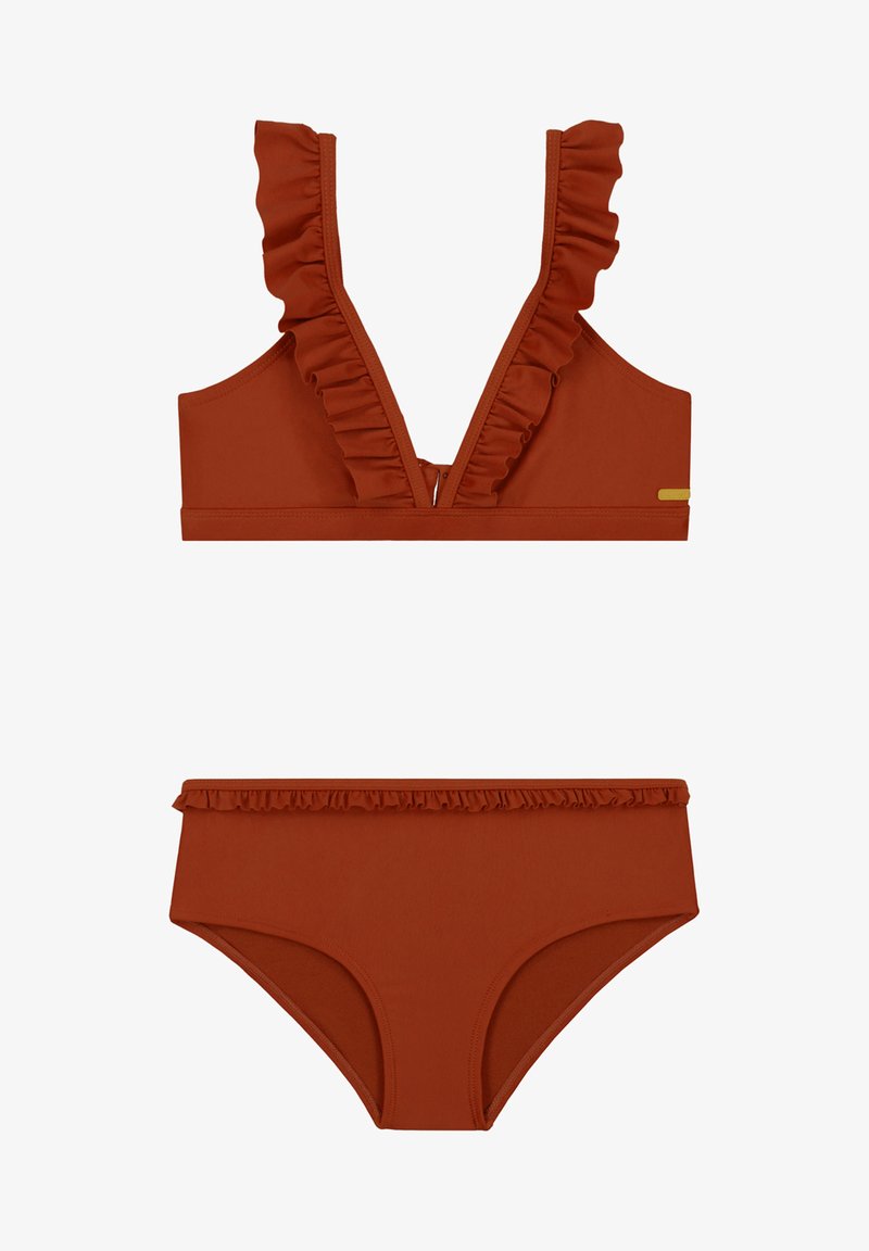 Rūtainais divdaļīgais bikini komplekts dzeltenā oranžā krāsā. Augšdaļai ir dziļa V formas izgriezums un rūtaina siksniņa; apakšdaļa ir ar saskaņotu rūtaina jostasvietu.