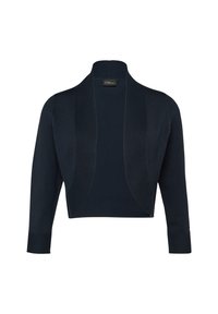 Cardigan cropped blu navy con maniche lunghe, apertura frontale, texture liscia e dettagli di cucitura minimi. Realizzato in morbido tessuto a maglia per il massimo comfort.