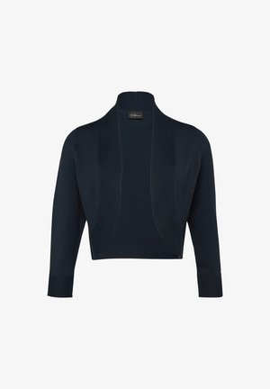 Gilet court navy à manches longues, avec une ouverture sur le devant, une texture lisse et un minimum de détails de couture. Fabriqué en tissu tricoté doux pour un confort optimal.