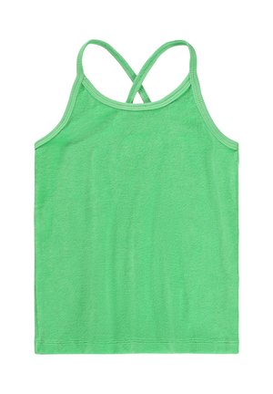 Canotta verde senza maniche con schiena incrociata, realizzata in morbido tessuto spugna, con scollo rotondo e bordatura a contrasto lungo i bordi.