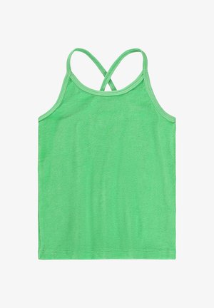 Zielony bezrękawnik z krzyżującym się na plecach paskiem, wykonany z miękkiego materiału frotte, z zaokrąglonym dekoltem i kontrastową lamówką na krawędziach.