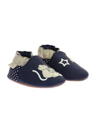 Scarpine per neonati di colore blu navy con un colletto accentato in oro, caratterizzate da un design a topo e ricami a forma di stella, e un motivo a pois sul tacco.