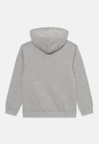 Felpa grigia con cappuccio realizzata in tessuto morbido. Presenta maniche lunghe, un cappuccio senza lacci e orli e polsini a coste.