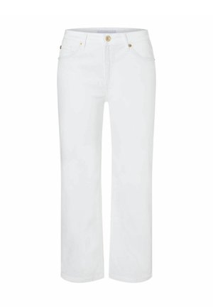 Jeans de mezclilla blancos con pierna recta, con cierre frontal de botón, dos bolsillos laterales y detalles en hardware dorado.