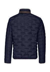 Marineblauer gesteppter Mantel mit langen Ärmeln, geometrischem Steppmuster und kontrastierender brauner Kragenverzierung, von hinten gezeigt.