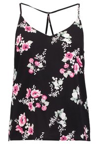 Débardeur noir à motifs floraux avec des motifs floraux roses et blancs, bretelles spaghetti et une coupe décontractée pour un port confortable.
