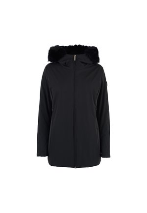 Zwarte waterdichte jas met ritssluiting aan de voorkant, capuchon met bontrand, lange mouwen, zijzakken en een rechte snit voor een ontspannen pasvorm.