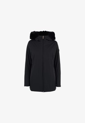 Zwarte waterdichte jas met ritssluiting aan de voorkant, capuchon met bontrand, lange mouwen, zijzakken en een rechte snit voor een ontspannen pasvorm.