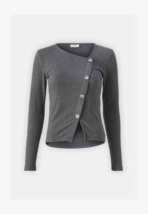 Gray ribbed long-sleeve top with a V-neck and six decorative buttons down the front, featuring a fitted design and a slight flare at the hem.